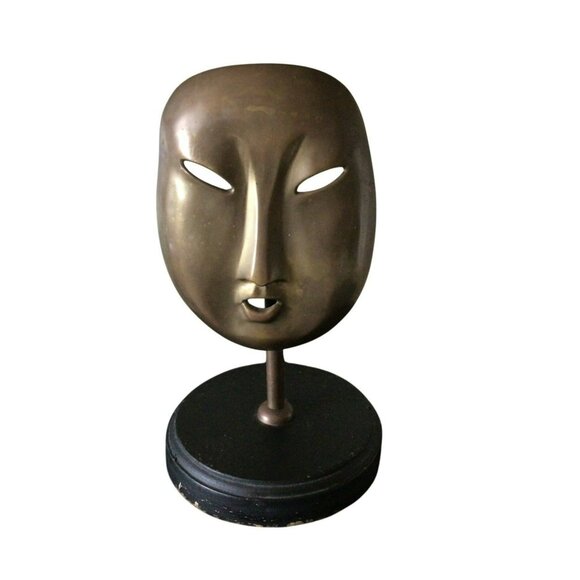 Vintage Brass Mask Face On Black Wood Base Made in India - Picture 1 of 13
